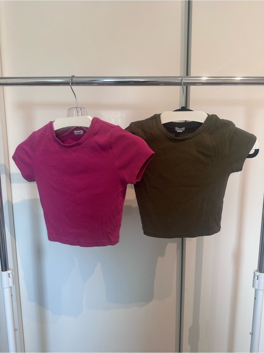 Garage Short Sleeve Crewneck Tops in Fuchsia and Olive